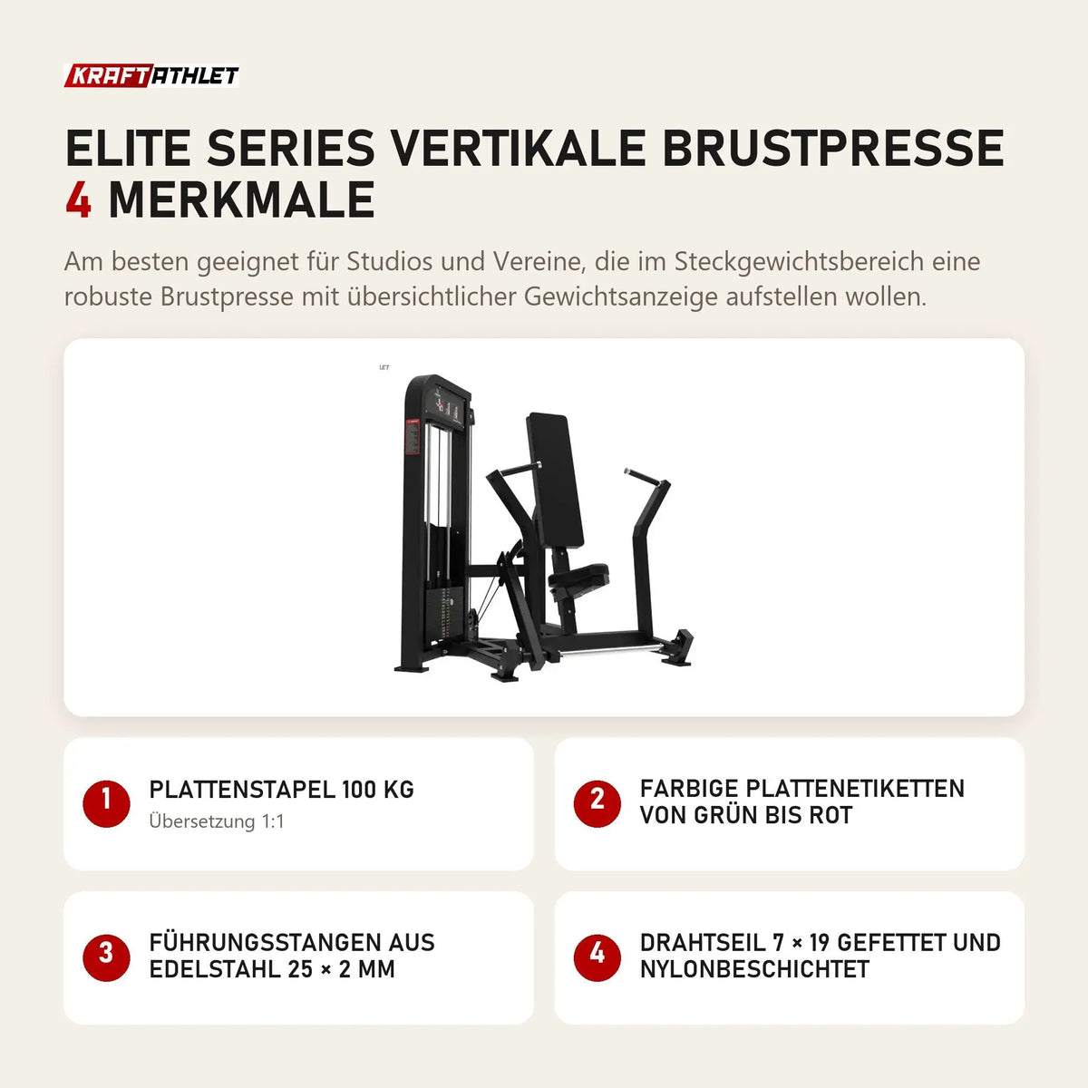 Titanium Strength Elite Series Vertikale Brustpresse mit 4 Merkmalen: Plattenstapel 100 kg, Farbige Plattenetiketten von Grün bis Rot, Führungsstangen aus Edelstahl 25 × 2 mm, Drahtseil 7 × 19 gefettet und nylonbeschichtet