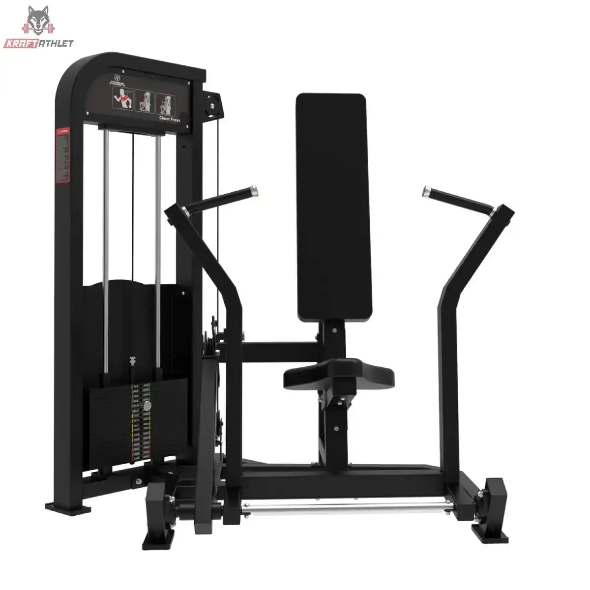 Titanium Strength Elite Series Vertikale Brustpresse – Seitliche Ansicht mit Rückenpolster, Sitz und Fußstütze
