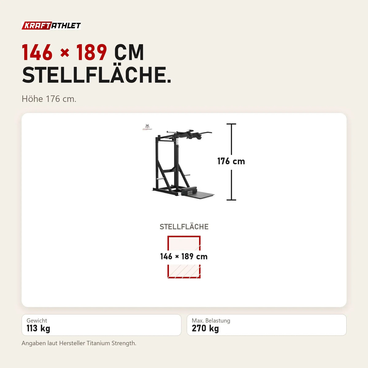 Maßbild Titanium Strength Elite Series Viking Press und Stehender Wadenheber: Stellfläche 146 × 189 cm, Höhe 176 cm