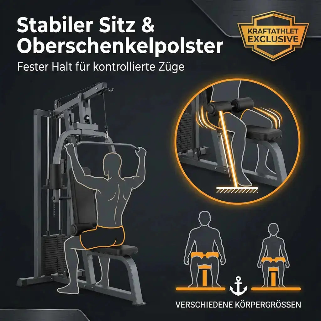 Titanium Strength Elite Series Wide IsoLateral Lat Pulldown als Infografik zu Sitz und Oberschenkelpolster für verschiedene Körpergrößen