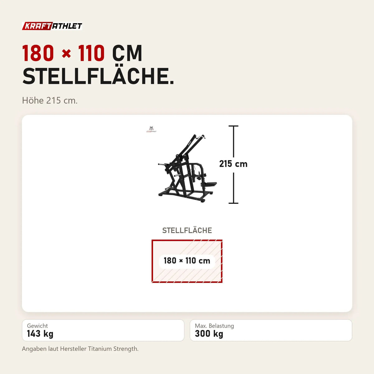Maßbild Titanium Strength Elite Series Wide IsoLateral Lat Pulldown: Stellfläche 180 × 110 cm, Höhe 215 cm