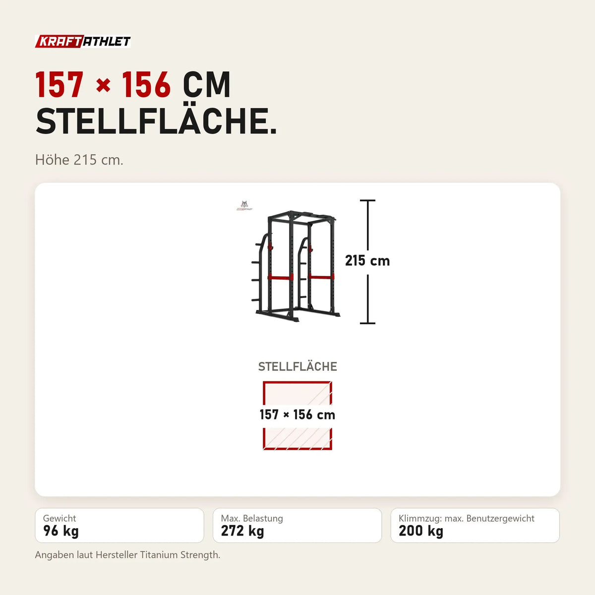Maßbild Titanium Strength Evolution HD Power Rack RH70: Stellfläche 157 × 156 cm, Höhe 215 cm