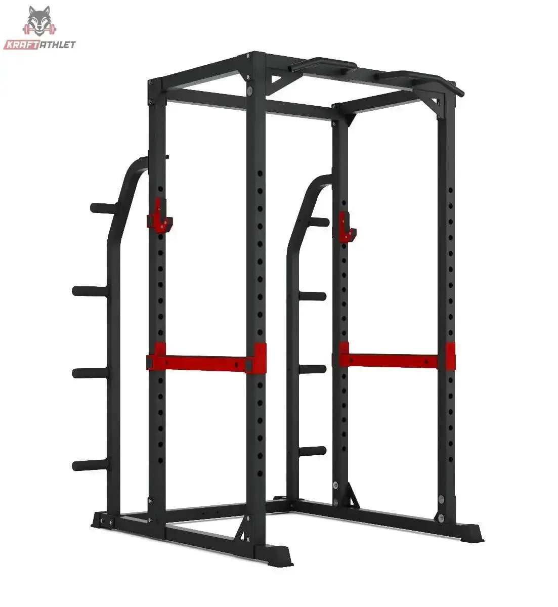 Titanium Strength Evolution HD Power Rack RH70 in Schrägansicht mit roten Sicherheitsablagen und Scheibenhaltern