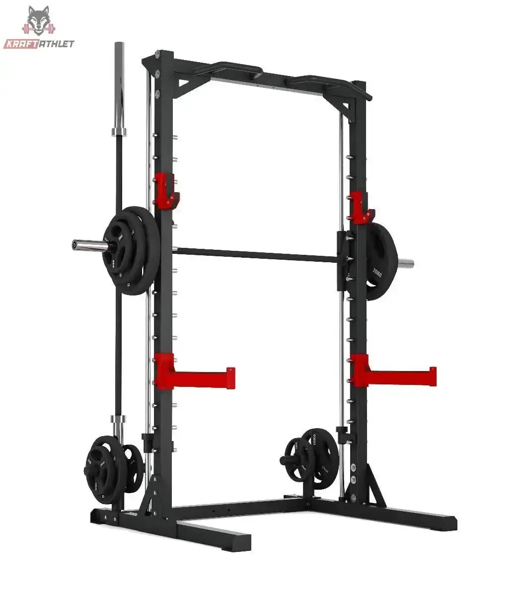 Titanium Strength Evolution Smith Machine mit Rack RM10: Frontansicht beladen mit Hantelscheiben an Stange und Scheibenhaltern