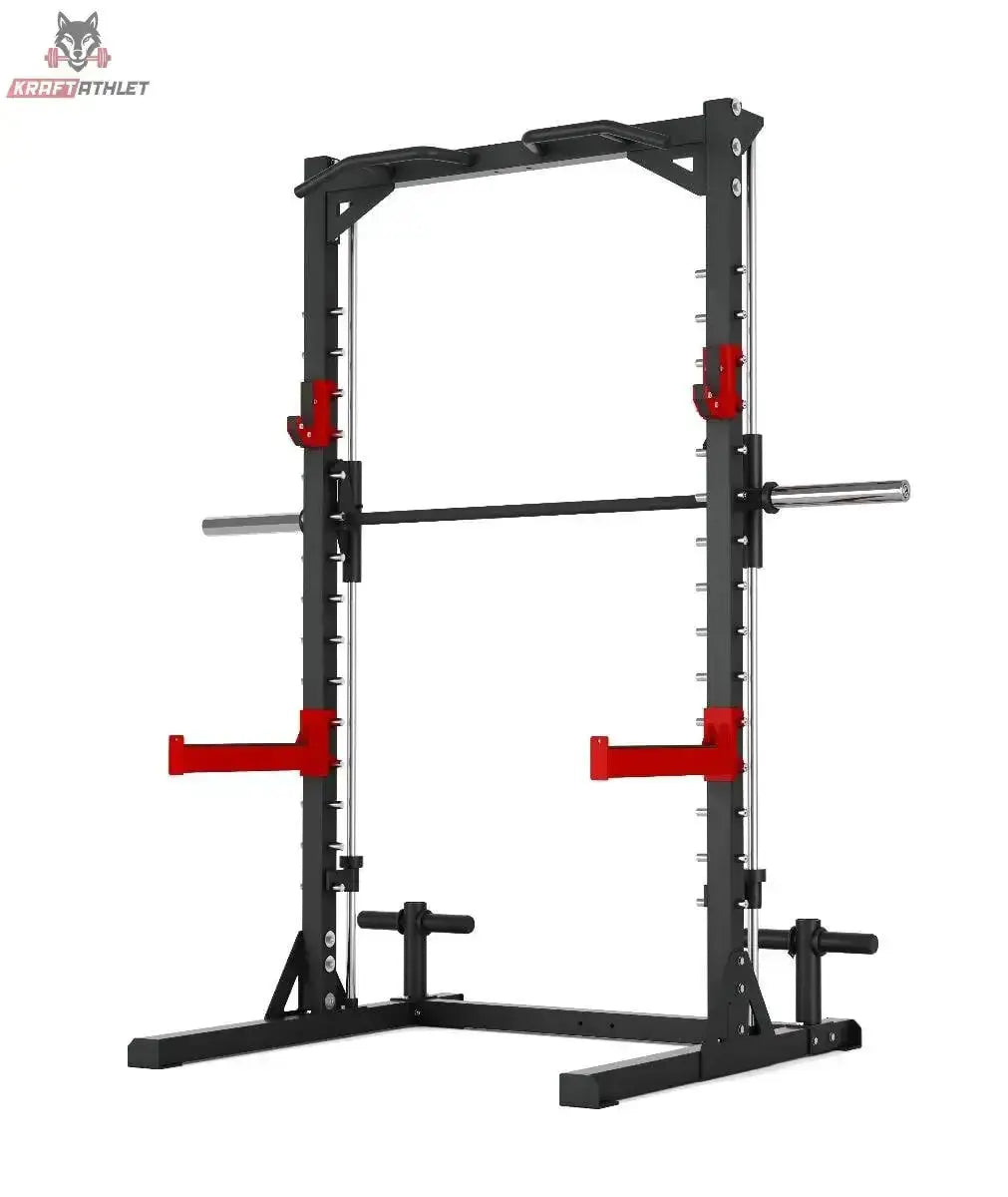 Titanium Strength Evolution Smith Machine mit Rack RM10: Frontansicht mit Hantelstange, roten Sicherheitsablagen und Führungsschienen