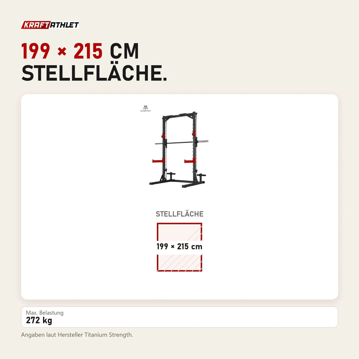 Maßbild Titanium Strength Evolution Smith Machine mit Rack RM10: Stellfläche 199 × 215 cm