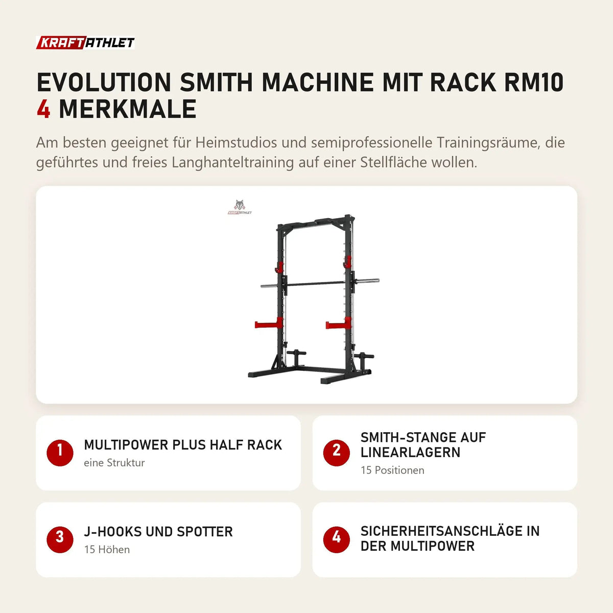 Titanium Strength Evolution Smith Machine mit Rack RM10 mit 4 Merkmalen: Multipower plus Half Rack, Smith-Stange auf Linearlagern, J-Hooks und Spotter, Sicherheitsanschläge in der Multipower