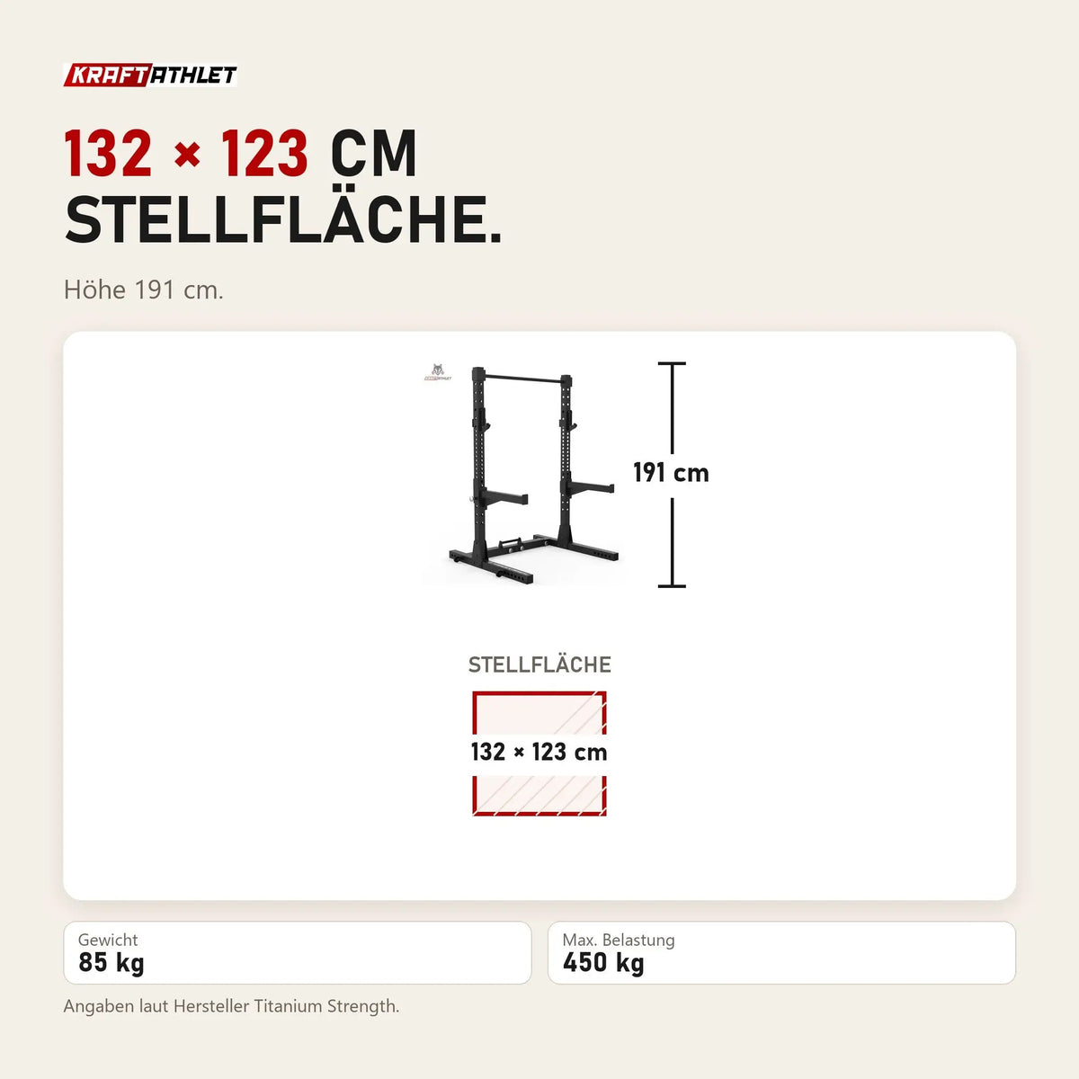 Maßbild Titanium Strength Faltbares Squat Rack Professionell: Stellfläche 132 × 123 cm, Höhe 191 cm