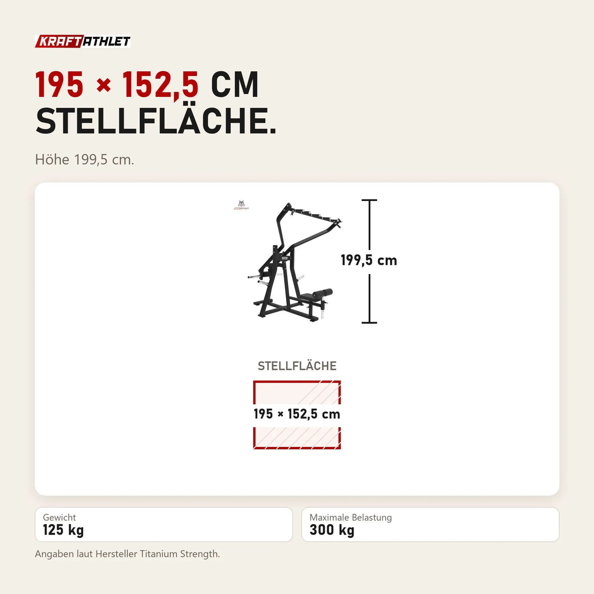 Maßbild Titanium Strength Frontale Latzugmaschine Elite Series: Stellfläche 195 × 152,5 cm, Höhe 199,5 cm
