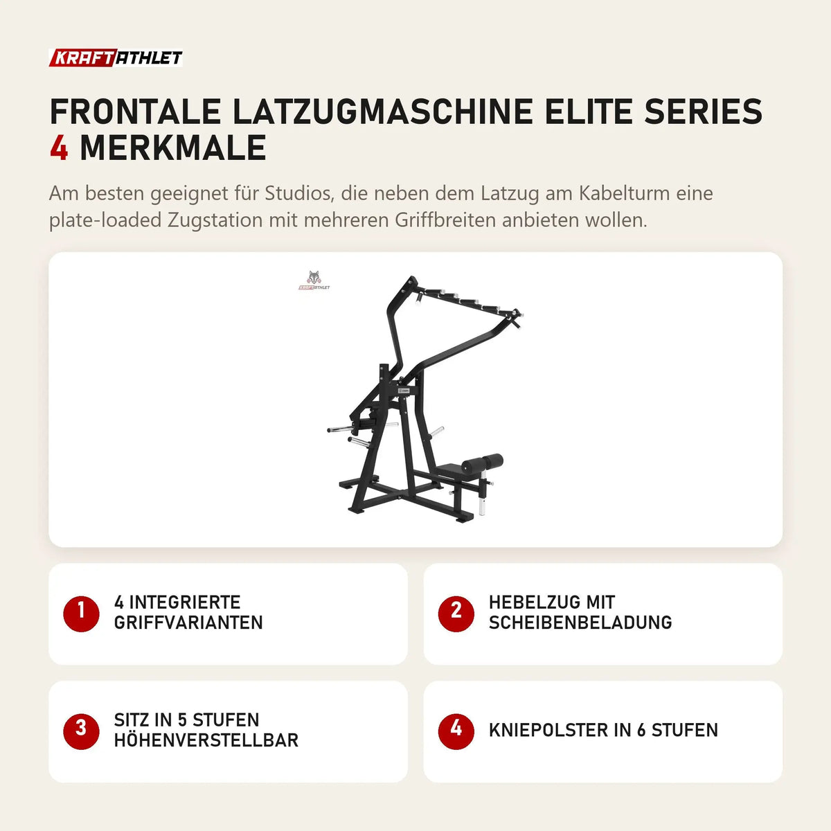 Titanium Strength Frontale Latzugmaschine Elite Series mit 4 Merkmalen: 4 integrierte Griffvarianten, Hebelzug mit Scheibenbeladung, Sitz in 5 Stufen höhenverstellbar, Kniepolster in 6 Stufen
