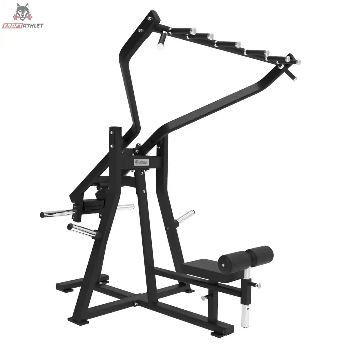Titanium Strength Frontale Latzugmaschine Elite Series in Schrägansicht mit Multigriff-Hebelarmen und Sitz