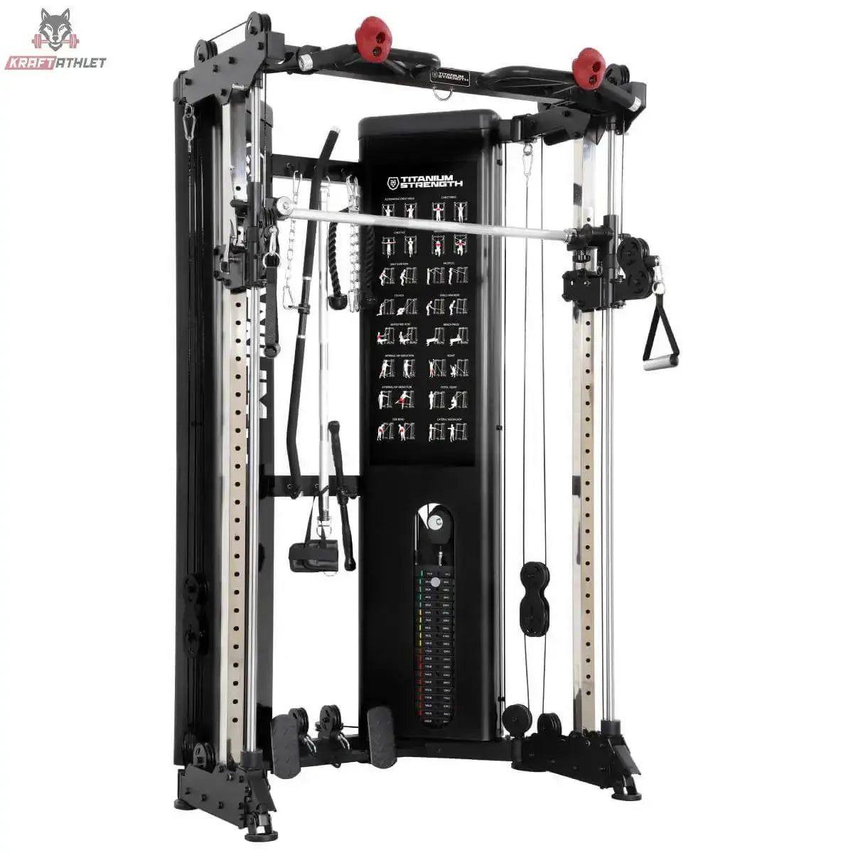 Titanium Strength FT90 Seilzugstation mit Smith-Maschine in Frontansicht mit Gewichtsblöcken und Seilzügen