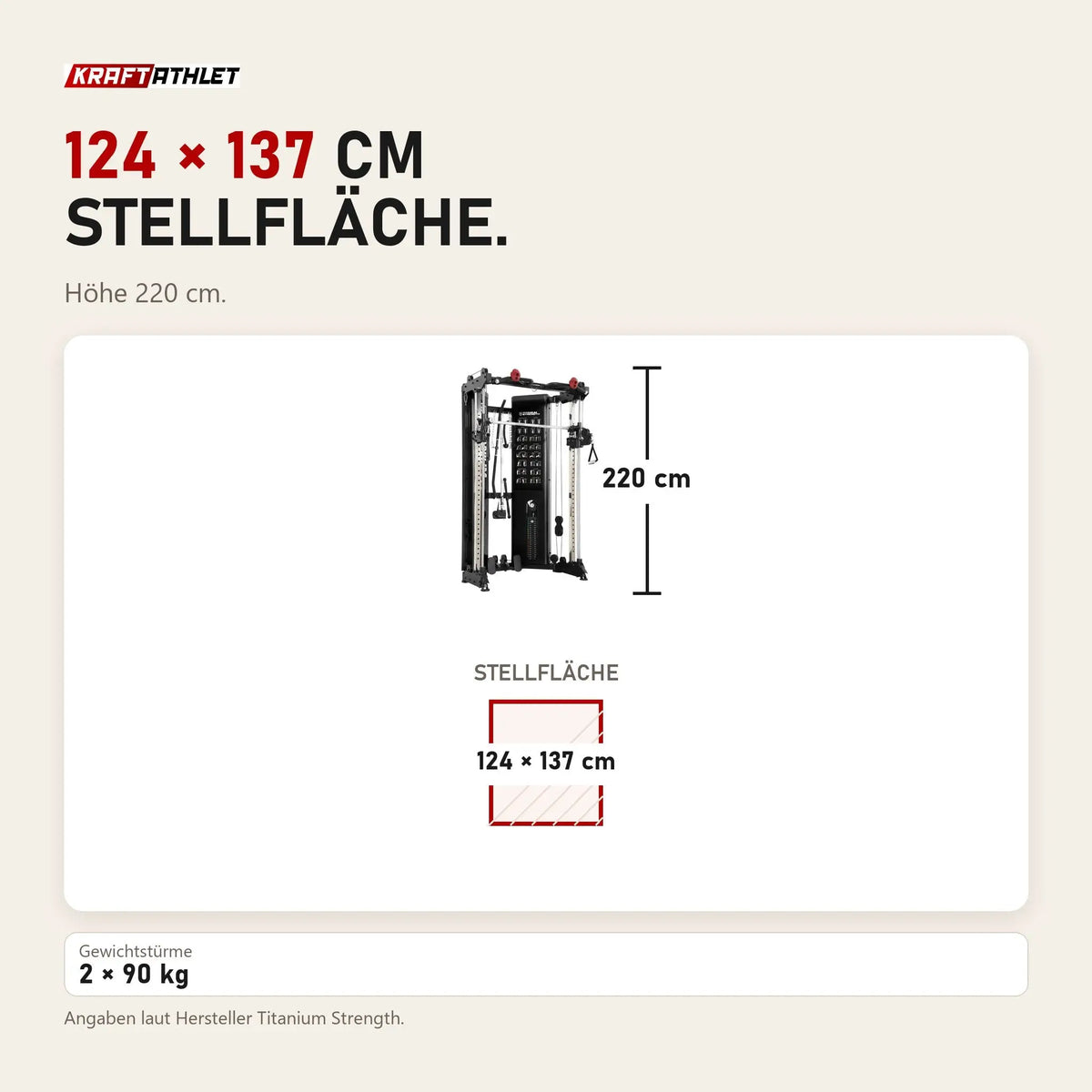 Maßbild Titanium Strength FT90 Seilzugstation mit Smith-Maschine: Stellfläche 124 × 137 cm, Höhe 220 cm