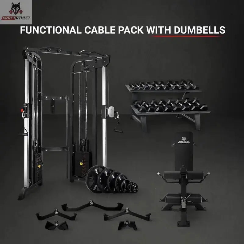 Titanium Strength Functional Cable Pack mit Hanteln, Gesamtset mit Hantelablage, Bank und Zuggriffen