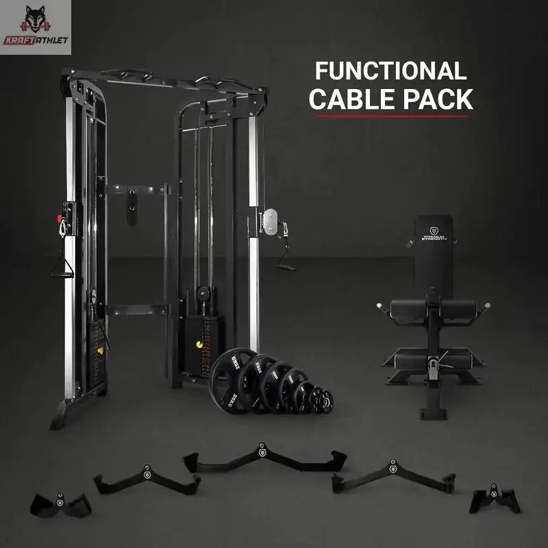 Titanium Strength Functional Cable Pack: Übersicht des Sets mit Kabelturm, Hantelbank, Scheiben und Griffen im Studio