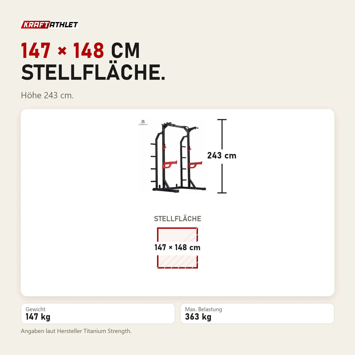 Maßbild Titanium Strength Funktionelles Half Rack RF10: Stellfläche 147 × 148 cm, Höhe 243 cm