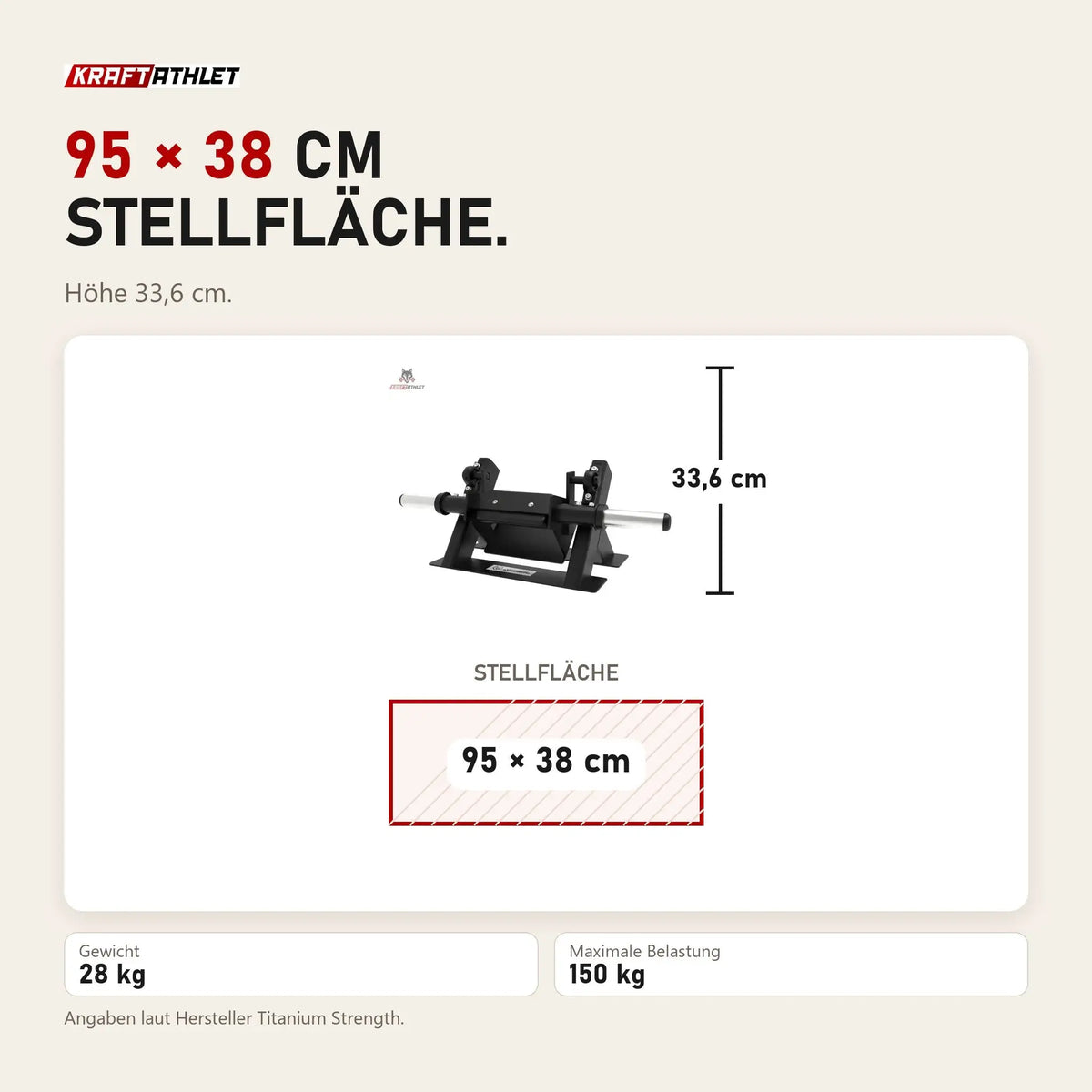 Maßbild Titanium Strength Fußheber-/Tibialis-Anterior-Trainer Elite Series: Stellfläche 95 × 38 cm, Höhe 33,6 cm