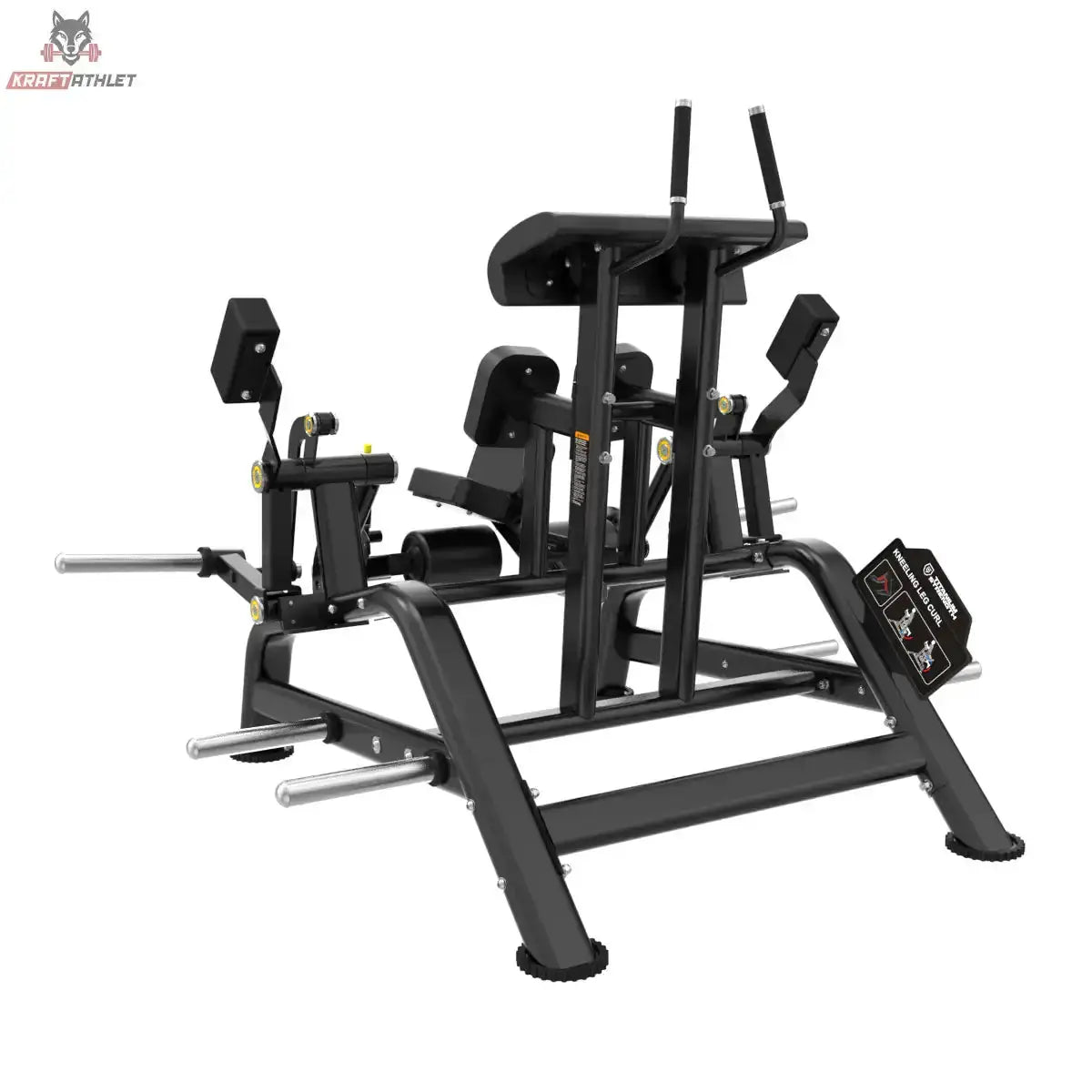Titanium Strength Genesis Series IsoLateral Beinbeuger Knien – Schrägansicht von rechts mit Kniepolster und Scheibenaufnahmen, schwarz