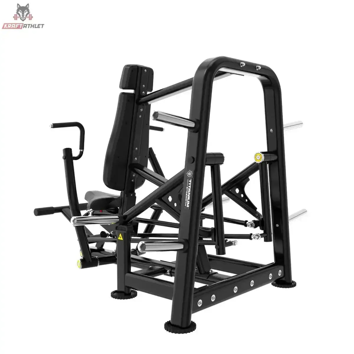 Titanium Strength Genesis Series IsoLateral Negativbank-Brustpresse – Schrägansicht von vorne links mit Rückenlehne und Griffen, schwarz
