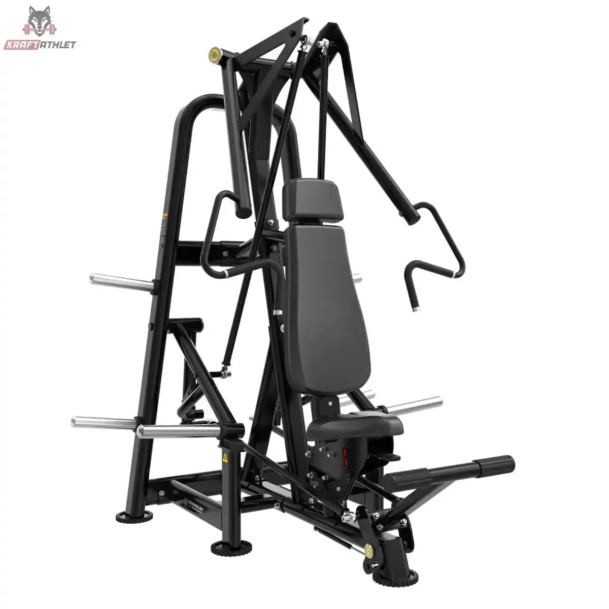 Titanium Strength Genesis Series IsoLateral Schrägbank-Brustpresse – Schrägansicht von vorne mit Rückenlehne und Hebelarmen, schwarz