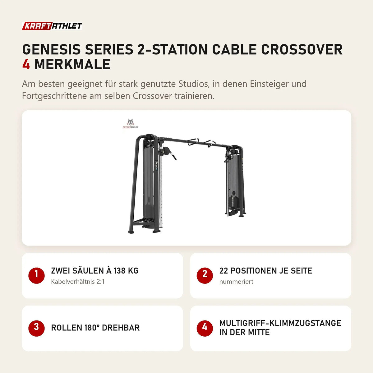 Titanium Strength Genesis Series 2-Station Cable Crossover mit 4 Merkmalen: Zwei Säulen à 138 kg, 22 Positionen je Seite, Rollen 180° drehbar, Multigriff-Klimmzugstange in der Mitte