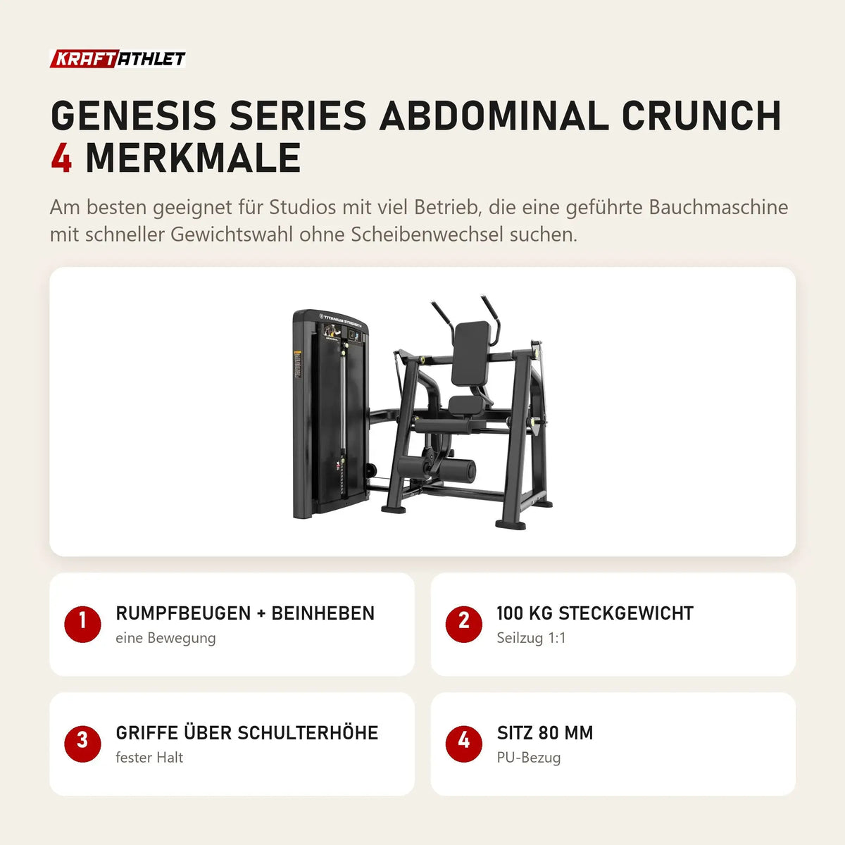 Titanium Strength Genesis Series Abdominal Crunch mit 4 Merkmalen: Rumpfbeugen + Beinheben, 100 kg Steckgewicht, Griffe über Schulterhöhe, Sitz 80 mm
