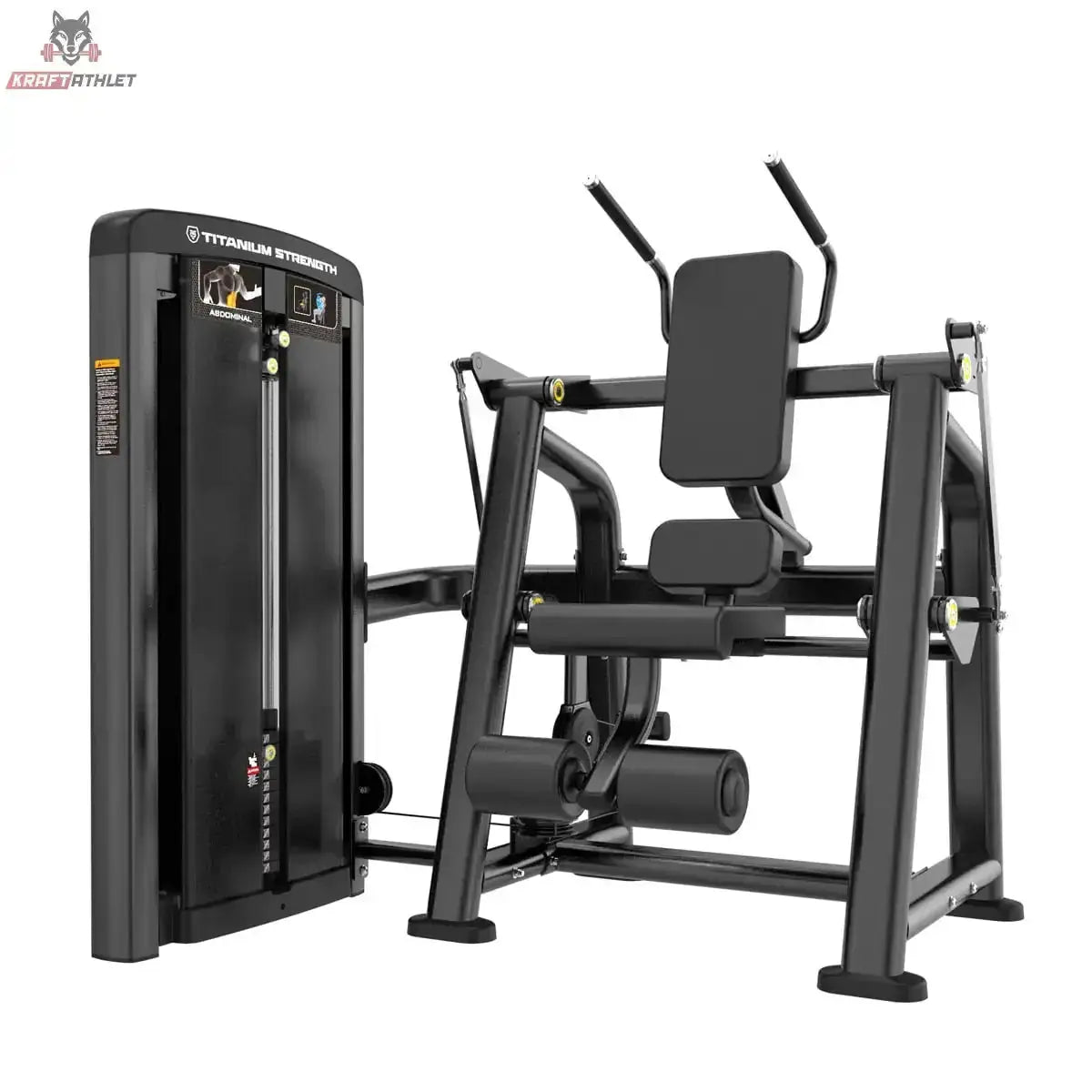 Titanium Strength Genesis Series Abdominal Crunch in Schrägansicht mit Brustpolster, Griffen und Gewichtsturm in Schwarz
