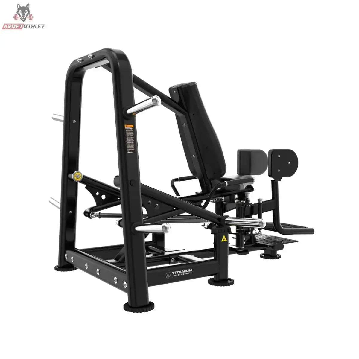 Titanium Strength Genesis Series Abduktorenmaschine Plate-Loaded – Schrägansicht von hinten mit Rahmen und Beinpolstern