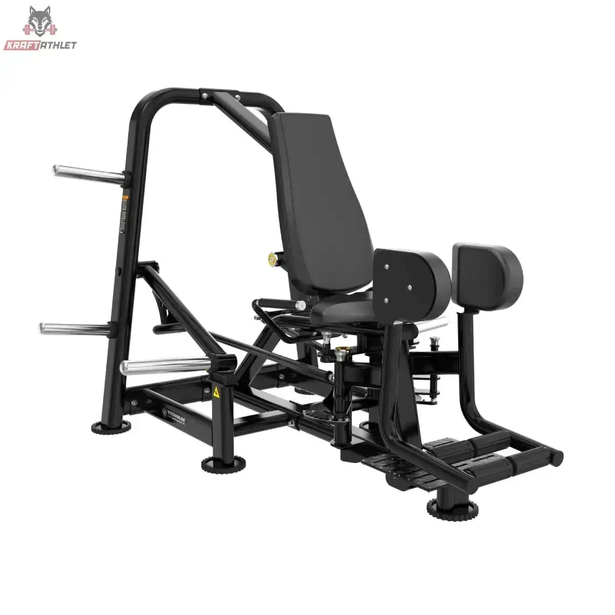 Titanium Strength Genesis Series Abduktorenmaschine Plate-Loaded – Frontansicht mit Rückenlehne, Beinpolstern und Scheibenaufnahmen