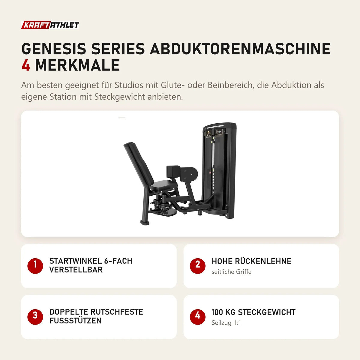 Titanium Strength Genesis Series Abduktorenmaschine mit 4 Merkmalen: Startwinkel 6-fach verstellbar, Hohe Rückenlehne, Doppelte rutschfeste Fußstützen, 100 kg Steckgewicht