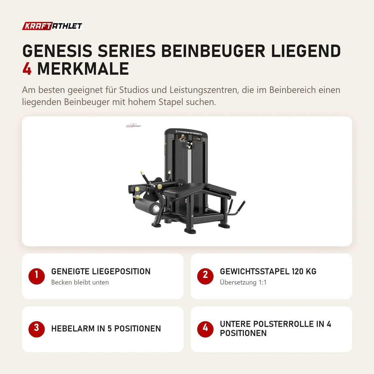 Titanium Strength Genesis Series Beinbeuger liegend mit 4 Merkmalen: Geneigte Liegeposition, Gewichtsstapel 120 kg, Hebelarm in 5 Positionen, Untere Polsterrolle in 4 Positionen
