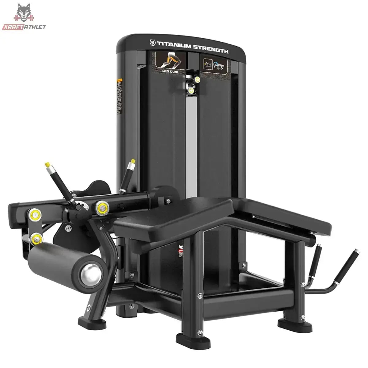 Titanium Strength Genesis Series Beinbeuger liegend in Schrägansicht mit Liegepolster, Beinrolle und Gewichtsturm in Schwarz