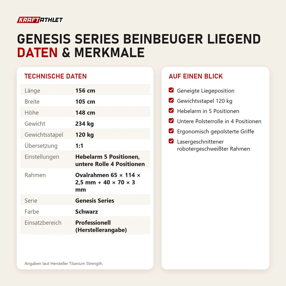 Technische Daten und Merkmale von Titanium Strength Genesis Series Beinbeuger liegend als Tabelle