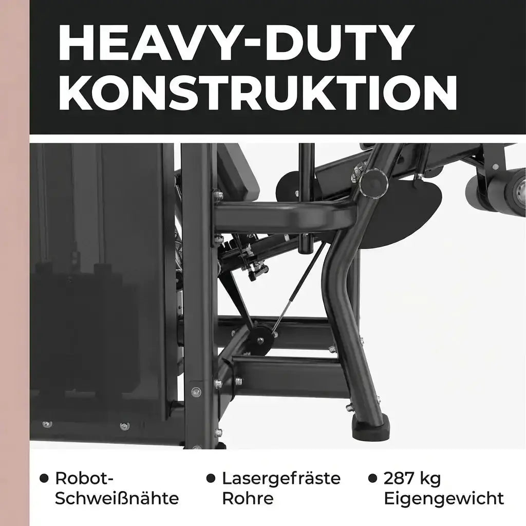Titanium Strength Genesis Series Beinbeuger sitzend: Grafik zur Konstruktion mit Schweißnähten und 287 kg Eigengewicht