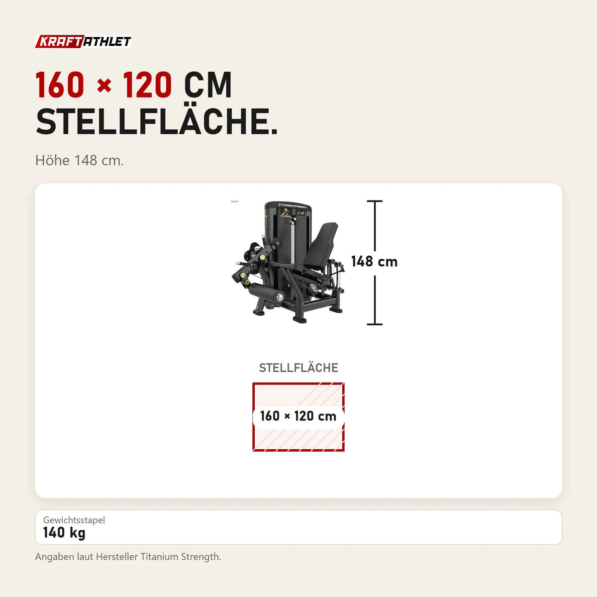 Maßbild Titanium Strength Genesis Series Beinstrecker: Stellfläche 160 × 120 cm, Höhe 148 cm