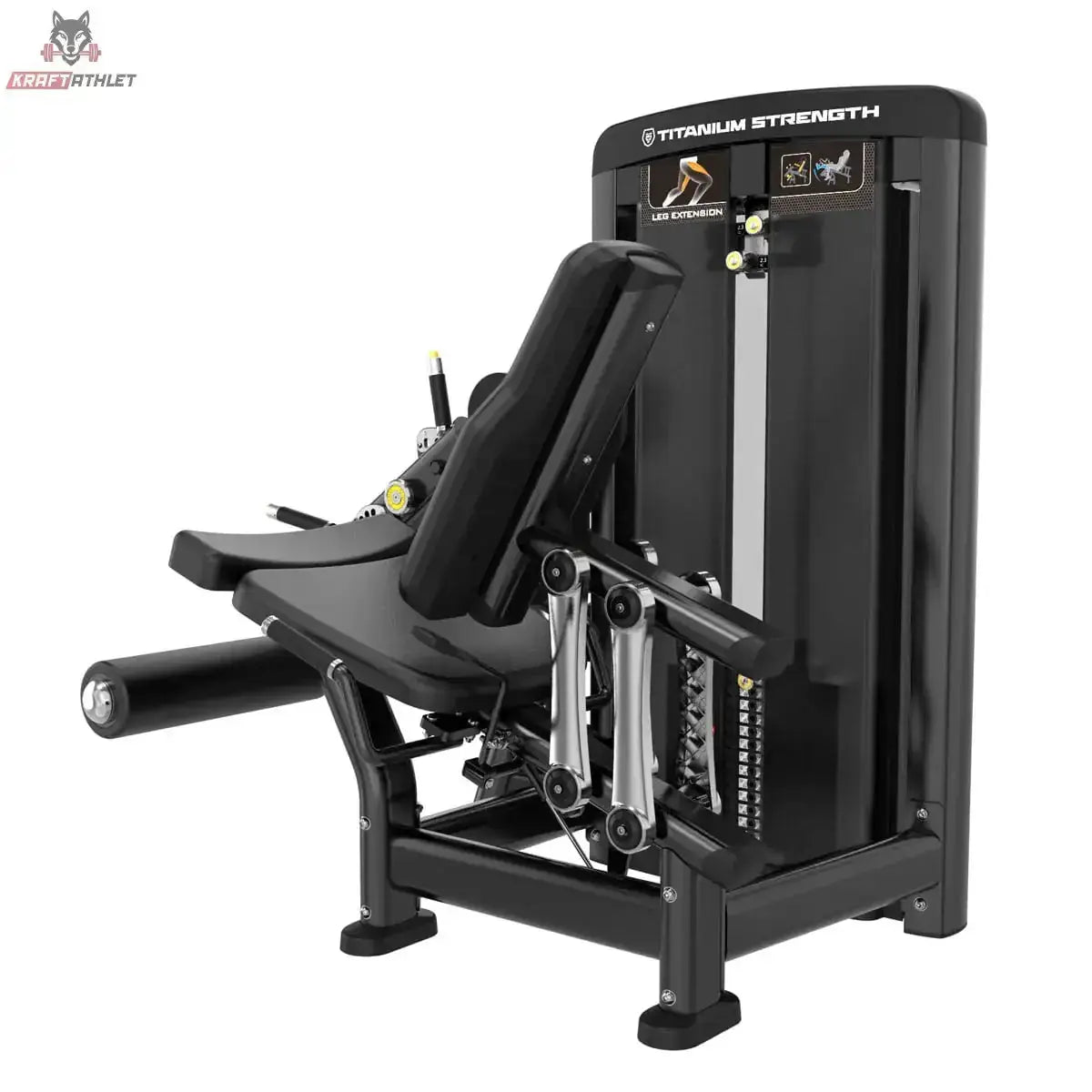 Titanium Strength Genesis Series Beinstrecker in Seitenansicht mit Rückenlehne, Hebelarm und Beinrolle in Schwarz