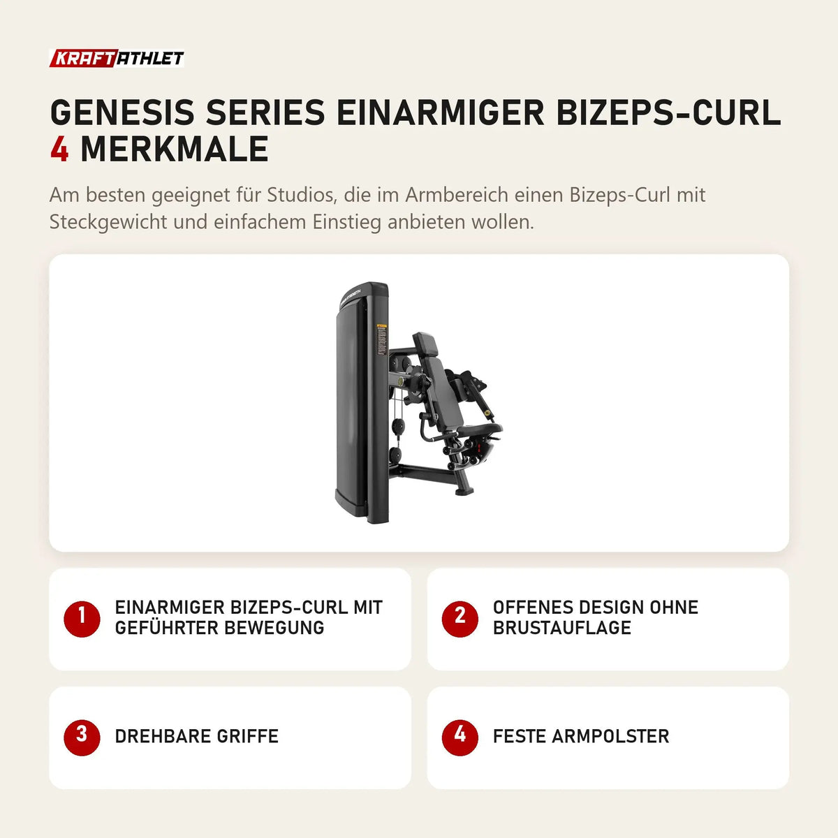 Titanium Strength Genesis Series Einarmiger Bizeps-Curl mit 4 Merkmalen: Einarmiger Bizeps-Curl mit geführter Bewegung, Offenes Design ohne Brustauflage, Drehbare Griffe, Feste Armpolster