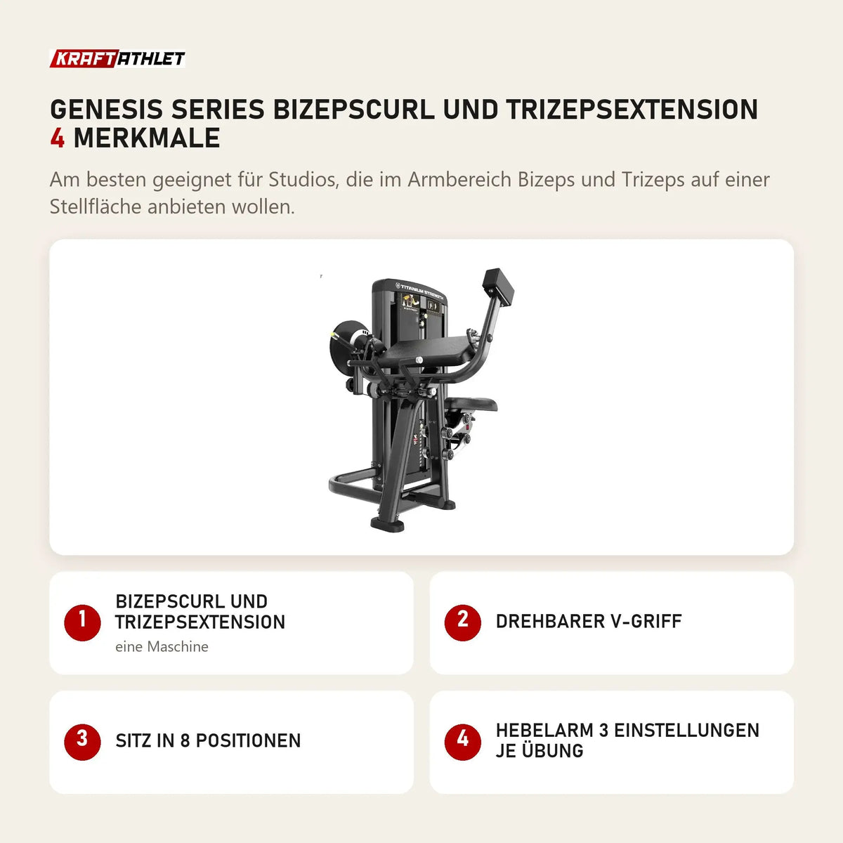 Titanium Strength Genesis Series Bizepscurl und Trizepsextension mit 4 Merkmalen: Bizepscurl und Trizepsextension, Drehbarer V-Griff, Sitz in 8 Positionen, Hebelarm 3 Einstellungen je Übung