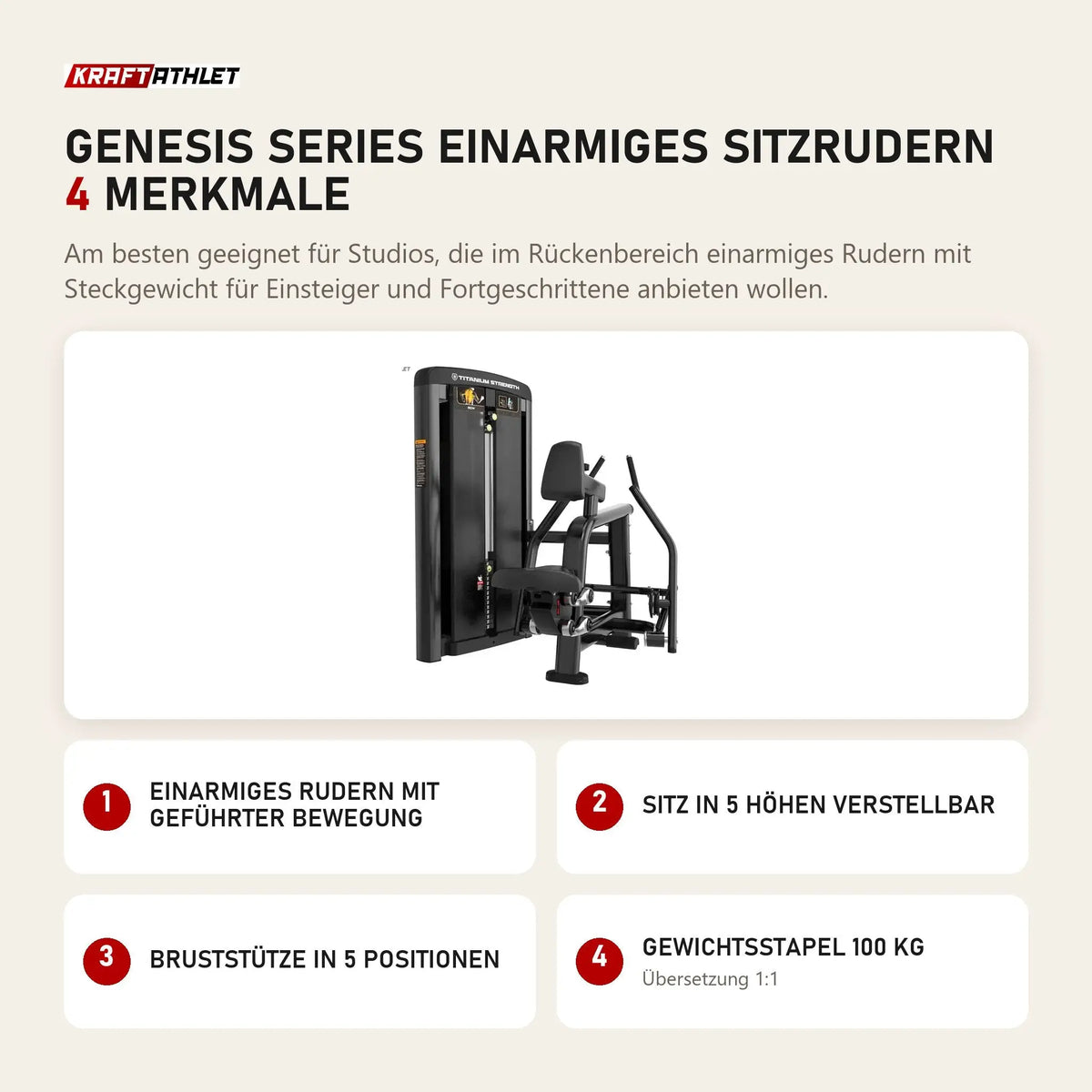 Titanium Strength Genesis Series Einarmiges Sitzrudern mit 4 Merkmalen: Einarmiges Rudern mit geführter Bewegung, Sitz in 5 Höhen verstellbar, Bruststütze in 5 Positionen, Gewichtsstapel 100 kg