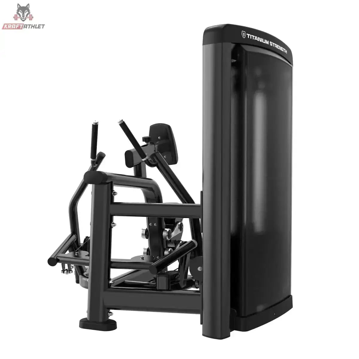 Titanium Strength Genesis Series Einarmiges Sitzrudern in Schwarz, Rückansicht mit Gewichtsstapelverkleidung