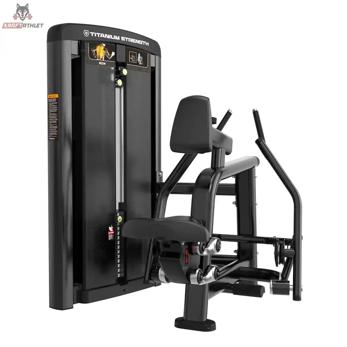 Titanium Strength Genesis Series Einarmiges Sitzrudern in Schwarz, Seitenansicht mit Brustpolster und Griffen