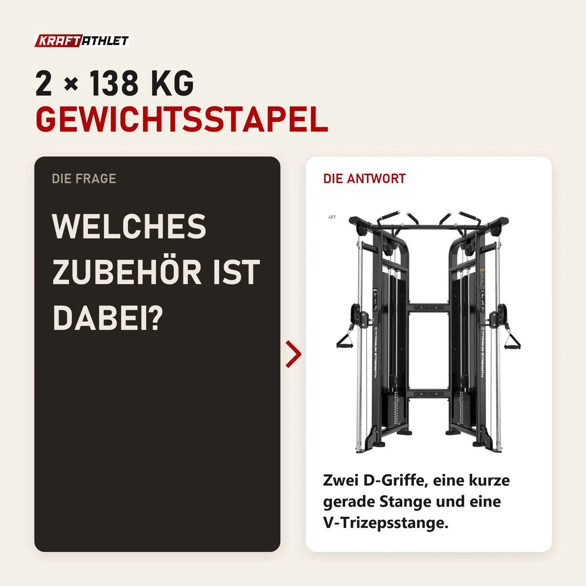 Frage und Antwort zu Titanium Strength Genesis Series Functional Trainer: Welches Zubehör ist dabei?