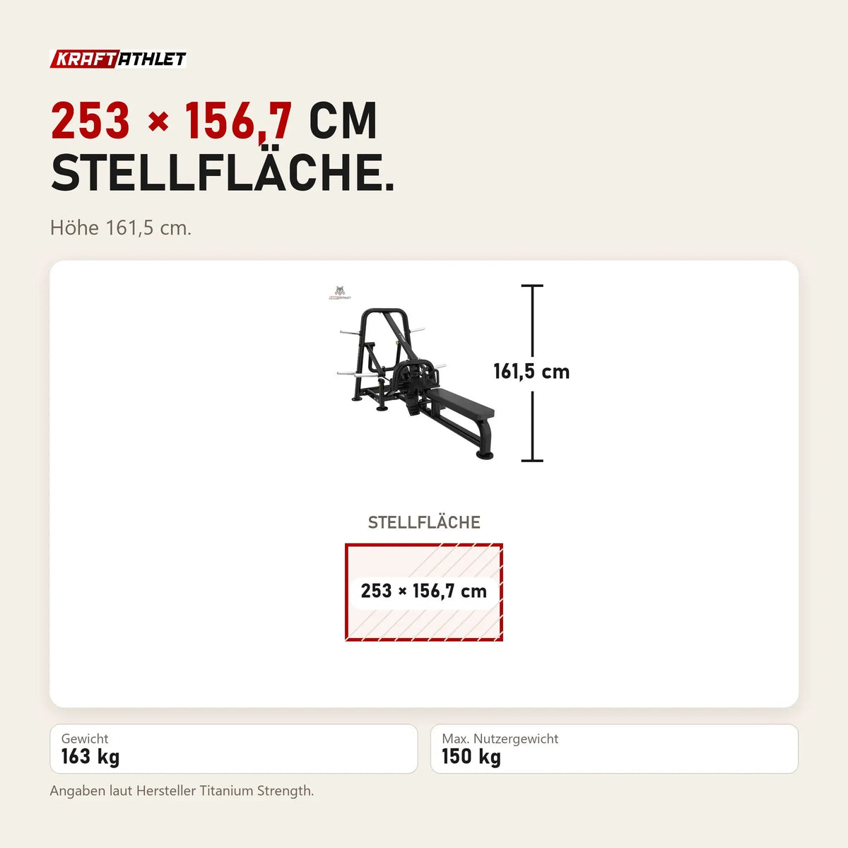 Maßbild Titanium Strength Genesis Series Heavy Row Machine: Stellfläche 253 × 156,7 cm, Höhe 161,5 cm