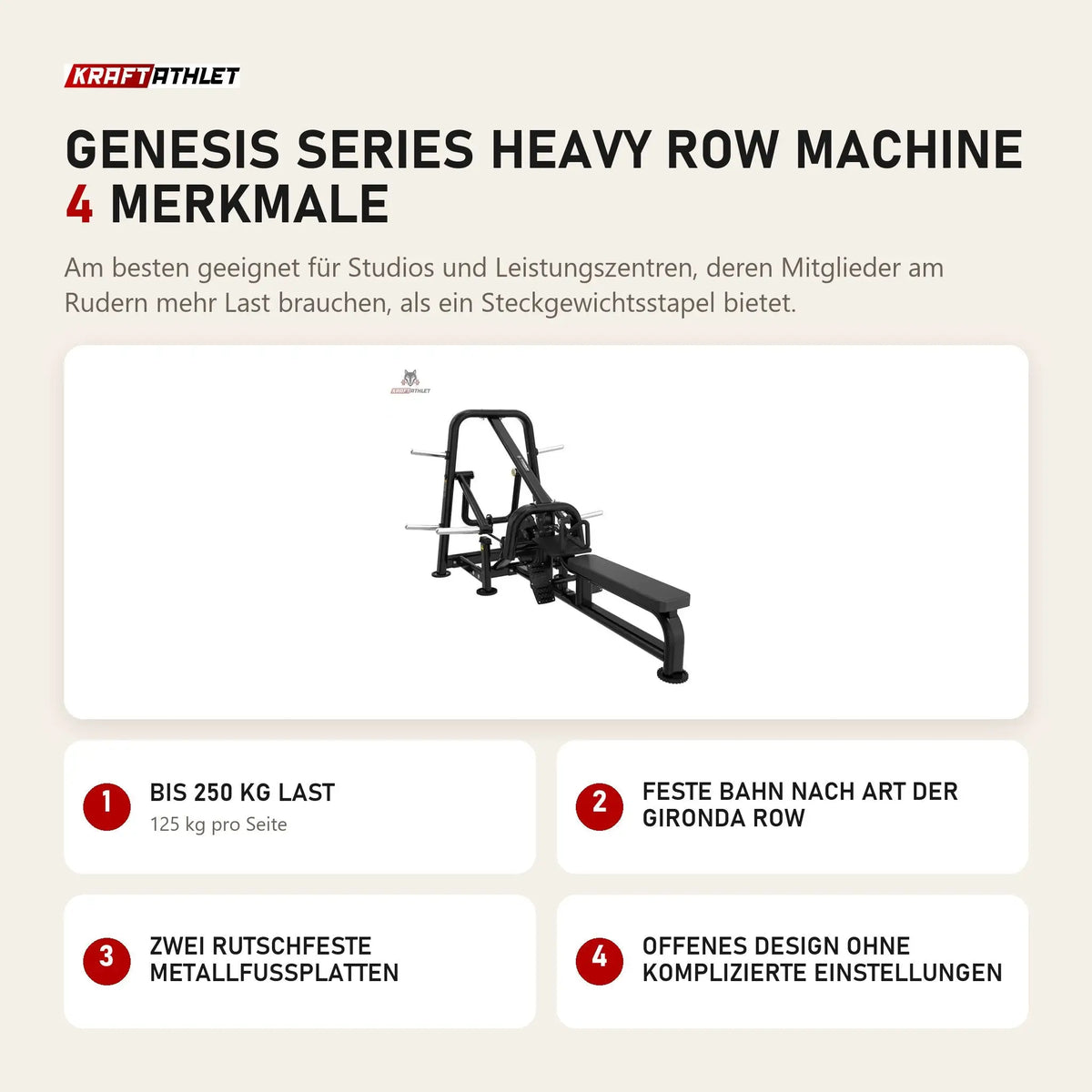 Titanium Strength Genesis Series Heavy Row Machine mit 4 Merkmalen: Bis 250 kg Last, Feste Bahn nach Art der Gironda Row, Zwei rutschfeste Metallfußplatten, Offenes Design ohne komplizierte Einstellungen