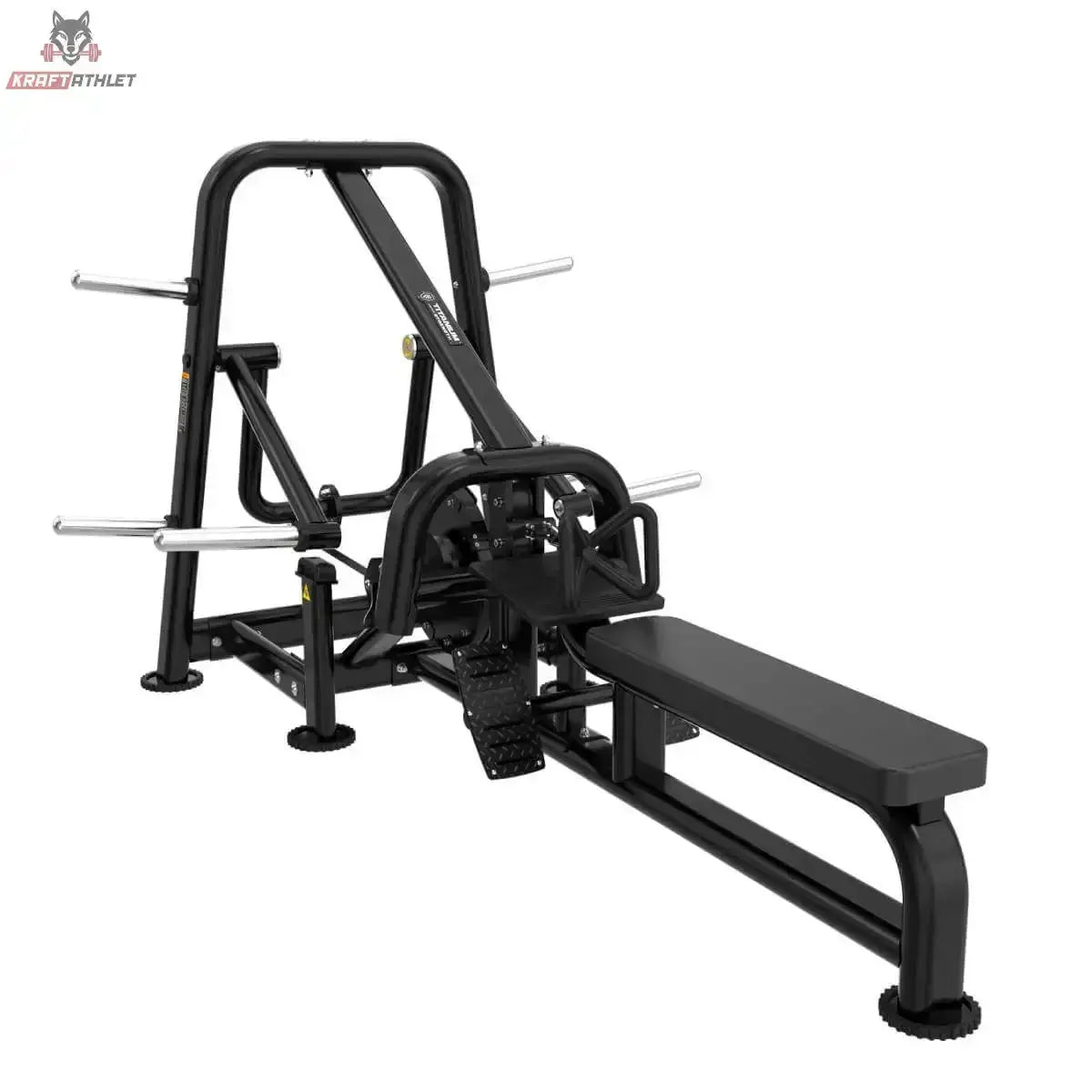 Titanium Strength Genesis Series Heavy Row Machine – Schrägansicht mit Brustpolster, Rudergriffen und Scheibenaufnahmen