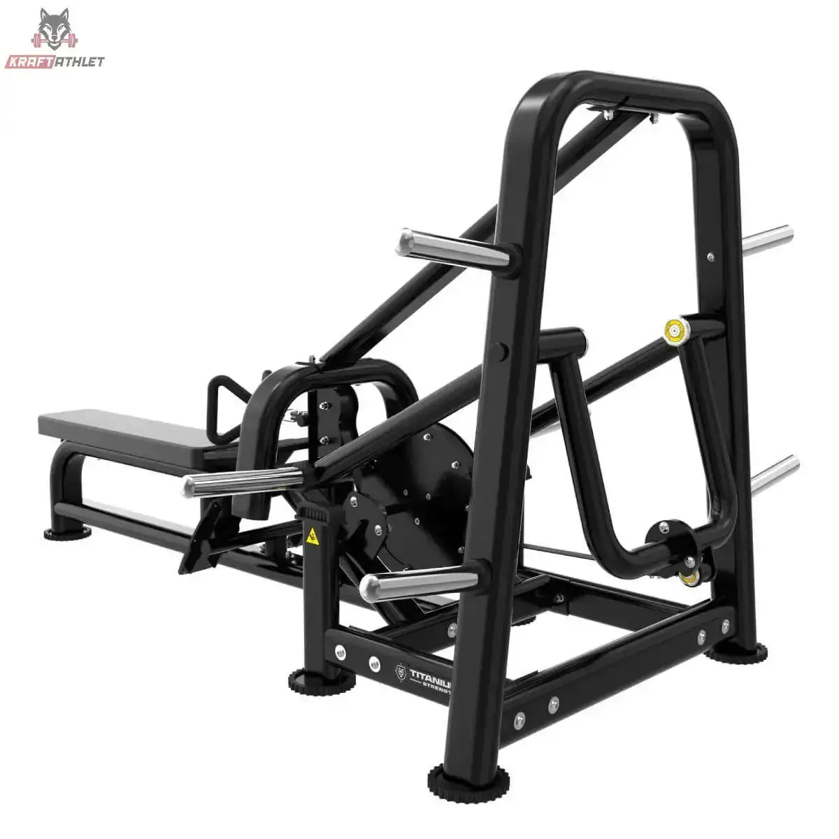 Titanium Strength Genesis Series Heavy Row Machine – Frontansicht mit Rahmenbogen, Hebelarmen und Scheibenhaltern