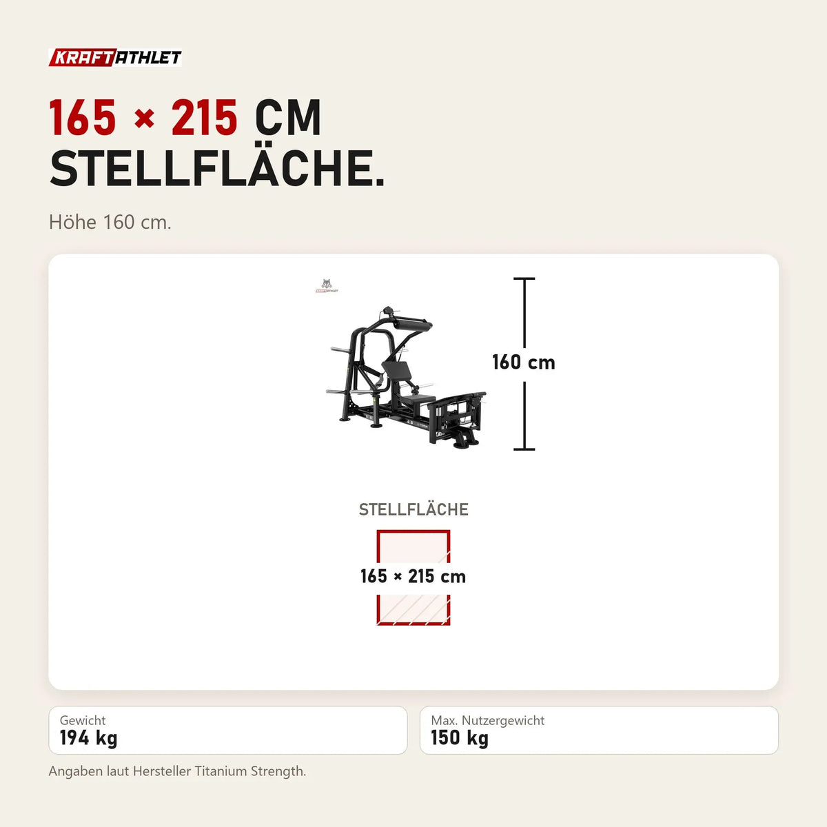 Maßbild Titanium Strength Genesis Series Hip Thrust: Stellfläche 165 × 215 cm, Höhe 160 cm
