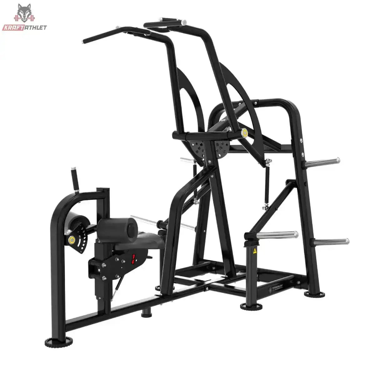 Titanium Strength Genesis Series IsoLateral Latzug – Schrägansicht von vorne links mit Beinpolster, schwarz