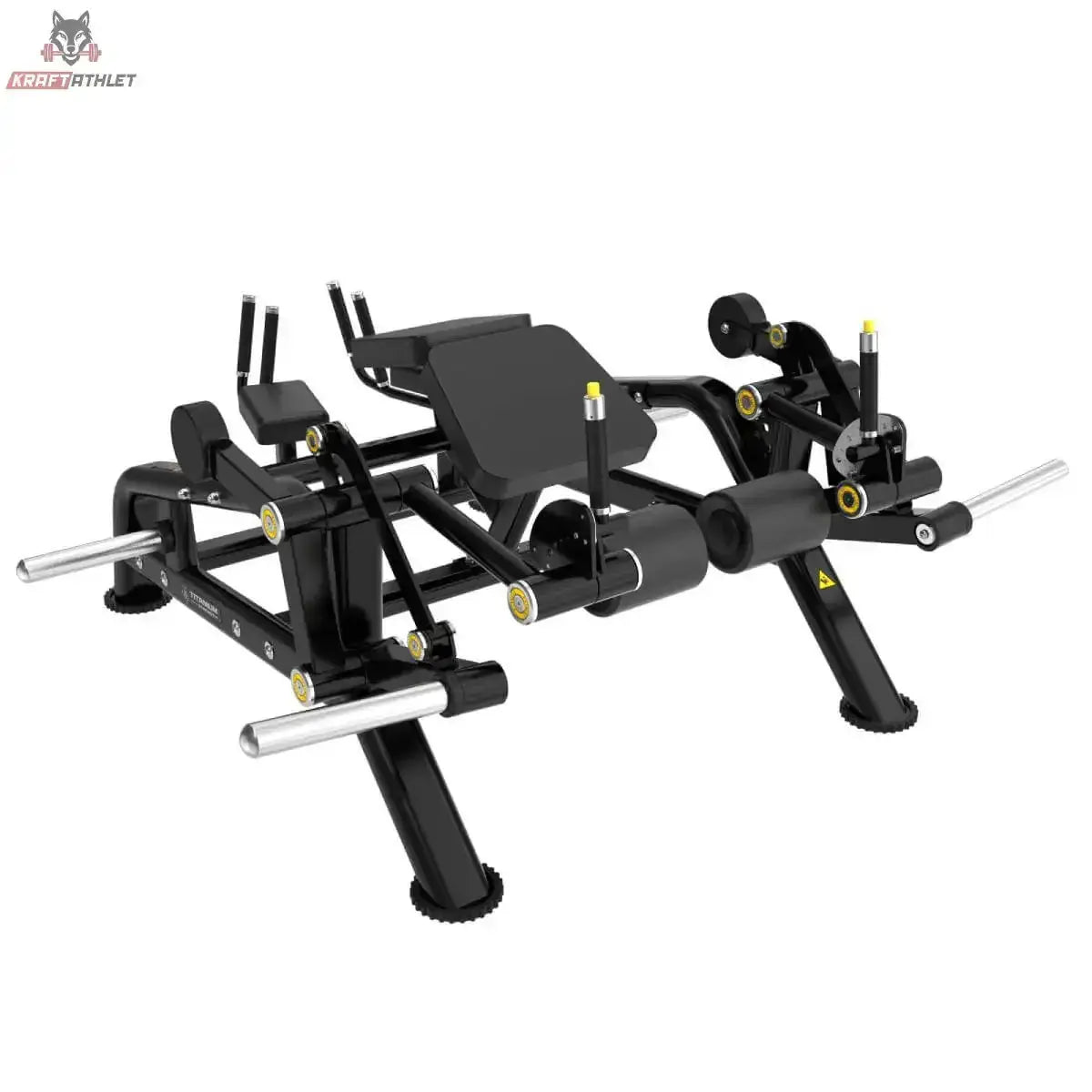 Titanium Strength Genesis Series IsoLateral Prone Leg Curl – Schrägansicht mit Liegepolster und Beinrollen, schwarz