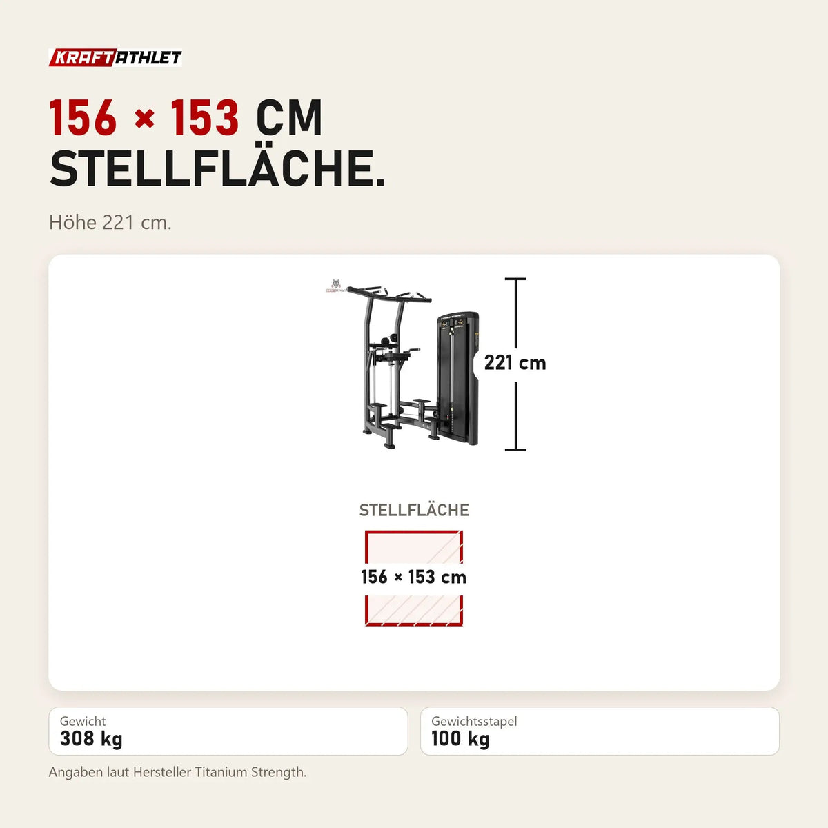 Maßbild Titanium Strength Genesis Series Klimmzug-Dipsmaschine: Stellfläche 156 × 153 cm, Höhe 221 cm
